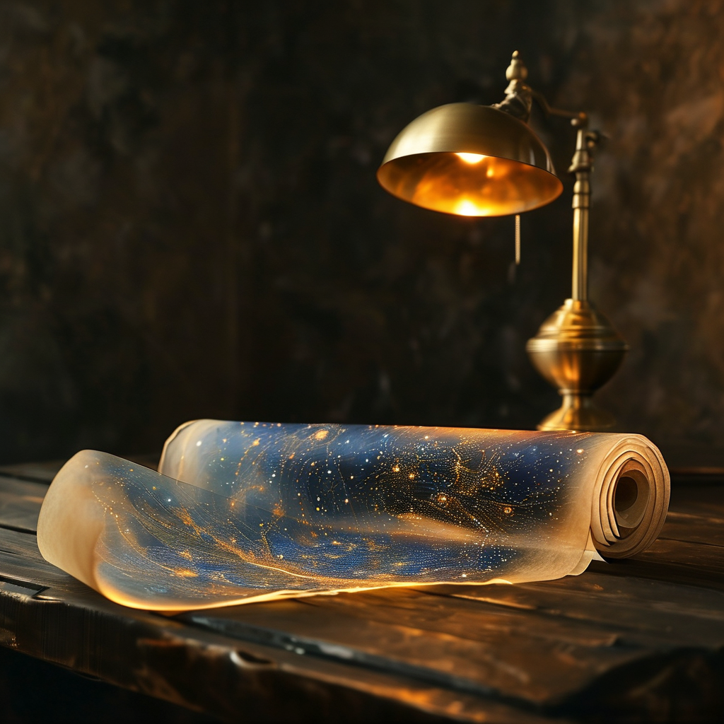 超个人心理学：深色书桌上摊开的一卷星空图谱，半透明羊皮纸边缘微卷，金色墨线绘出意识光谱的渐变层次，一盏黄铜台灯从左侧投下暖光，照亮纸面