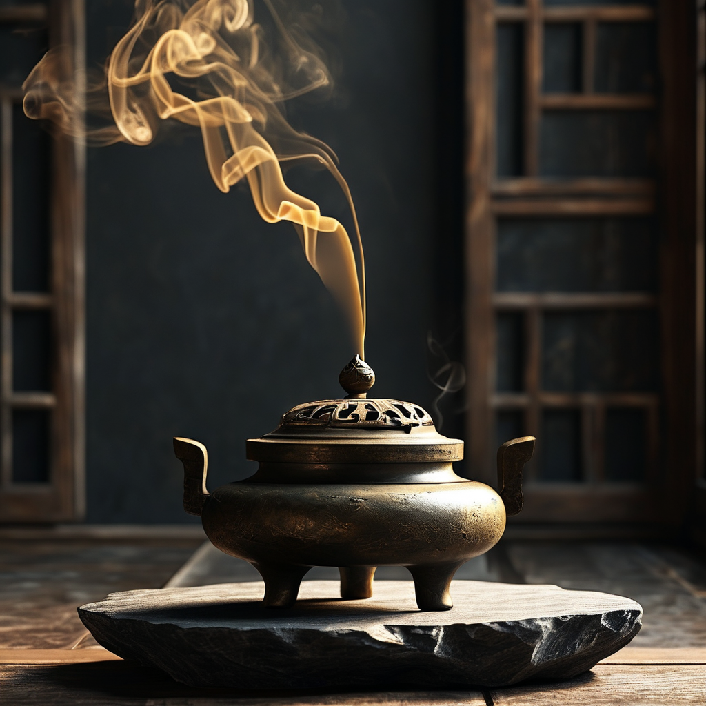 灵性：深色石台上放置一只古旧青铜香炉，一缕极细的金色烟气笔直升起，在暗淡室内的最高处缓缓散入无边的黑暗