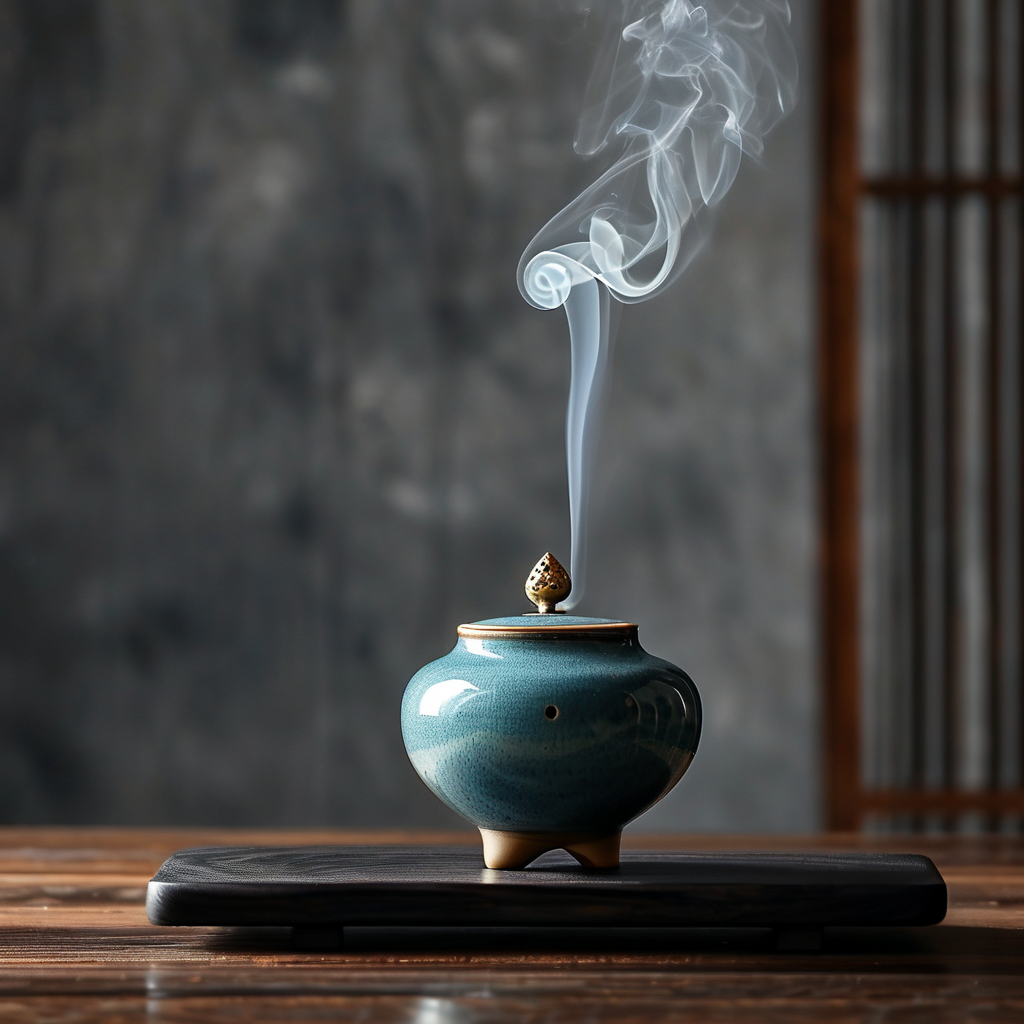 道家：深色木案上，一盏青瓷香炉升起一缕极细的烟，烟迹在静默中自然弯曲、消散，背景是空无一物的灰墙