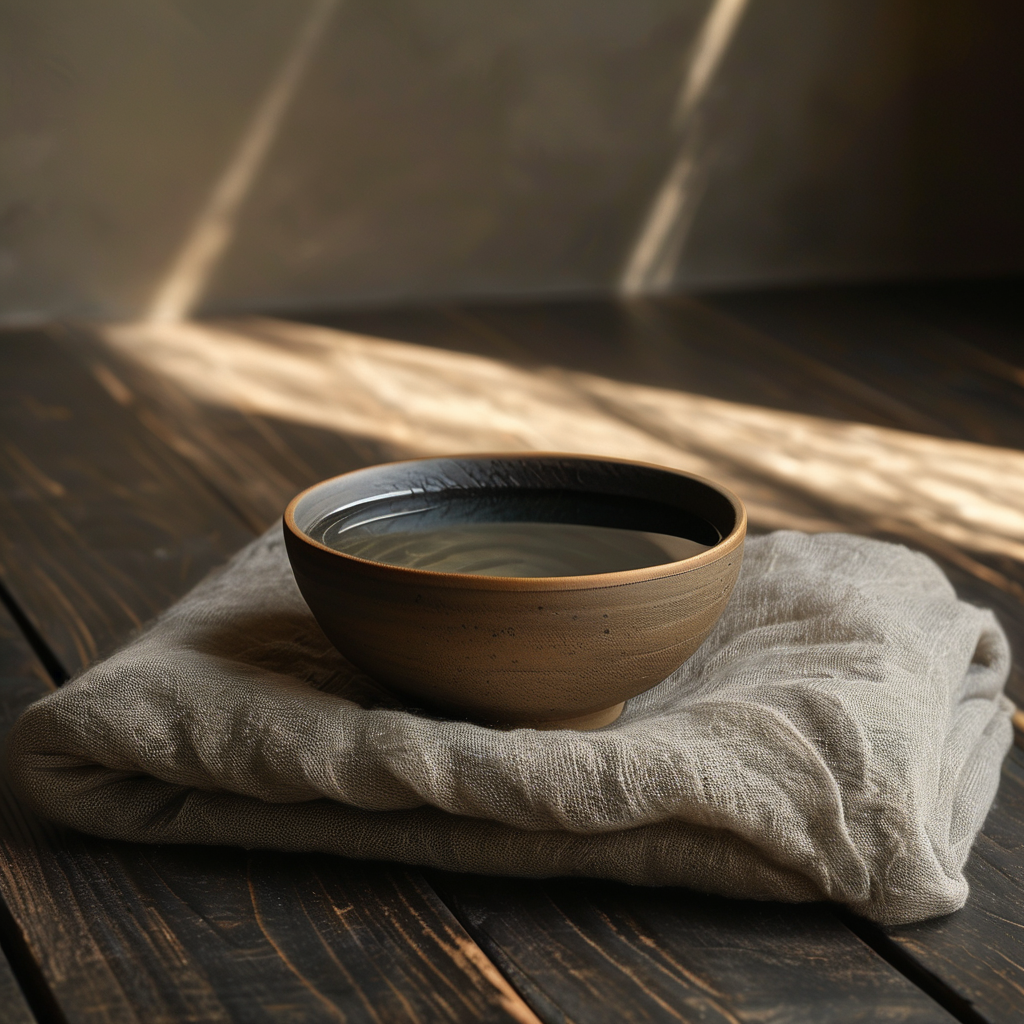 身体觉察：深色木地板上铺着一块浅灰亚麻毯，毯子中央放着一只陶制小碗，碗中盛着半碗清水，水面静止如镜。一束极淡的金色光线从右上角斜落
