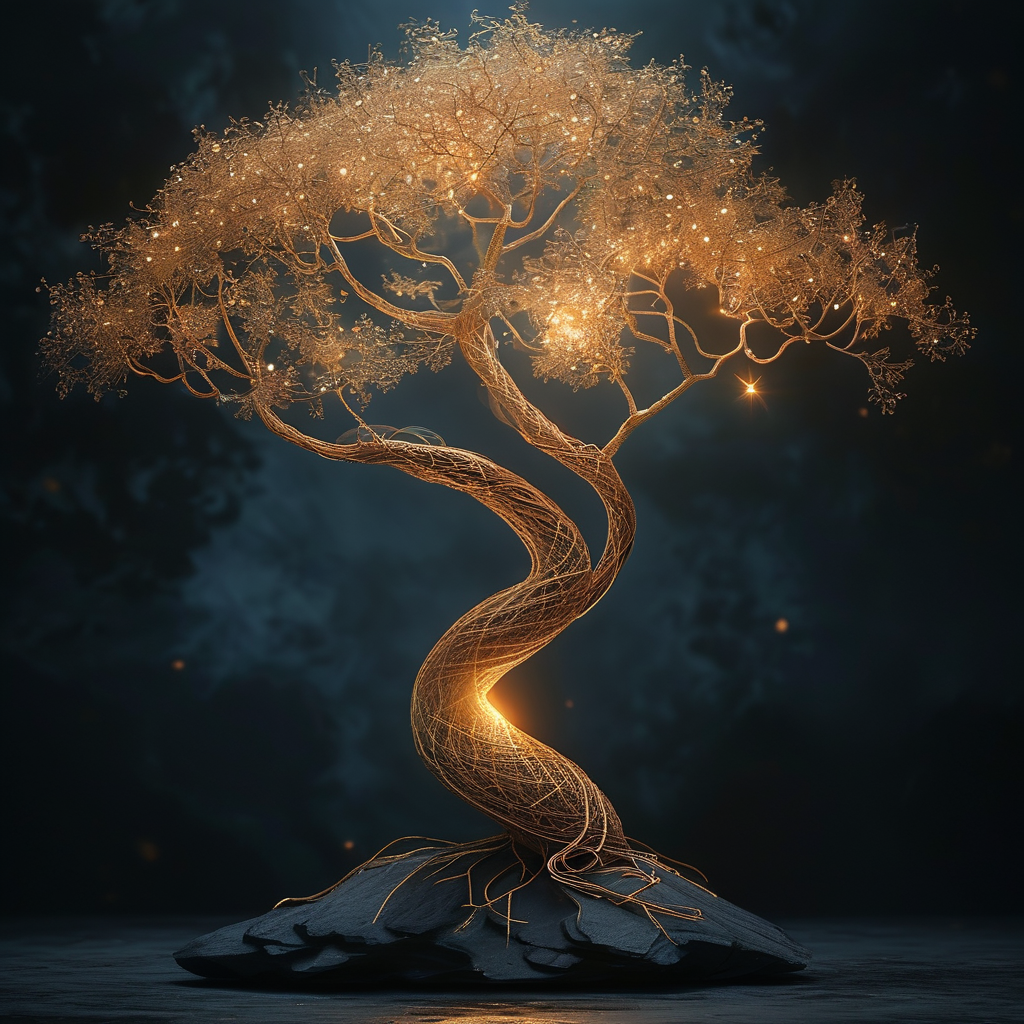 神经系统：一株幽暗背景下、由纤细金线编织而成的树状结构，根须延展入深色基底中，枝梢末端亮起微光，树冠轮廓在负空间中若隐若现