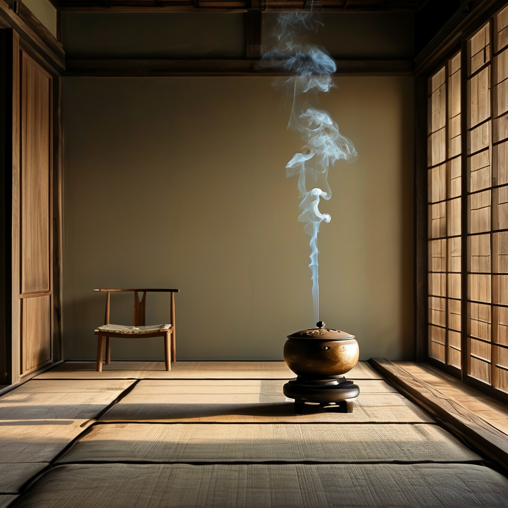内观：一间幽暗的木质禅房，地面铺着深色旧榻榻米，中央有一只素陶香炉，一缕青烟笔直升起，在空气中渐散；左侧墙边放着一把空木椅，椅