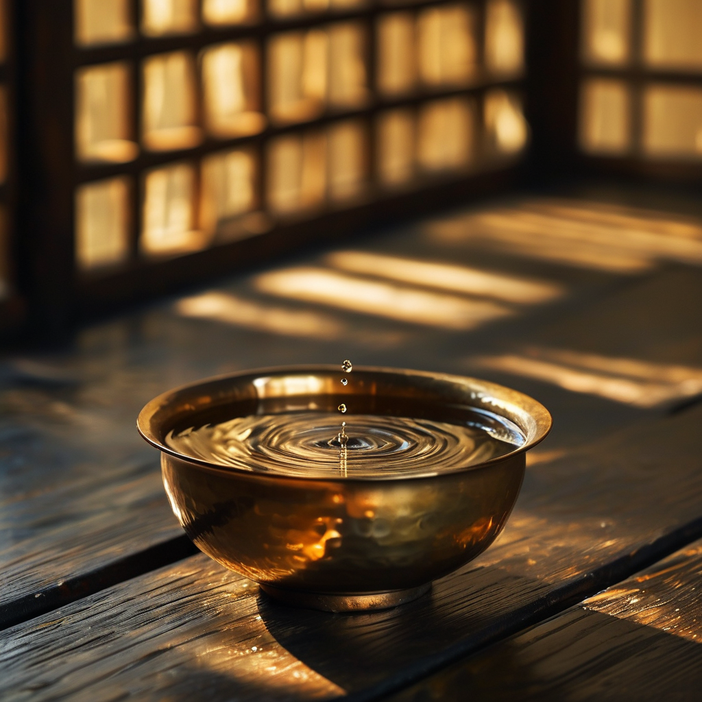 慈悲：深色木地板上，一只旧铜碗盛着半碗清水，水面倒映出一缕从天窗漏下的金色微光，光斑在碗沿缓缓晃动