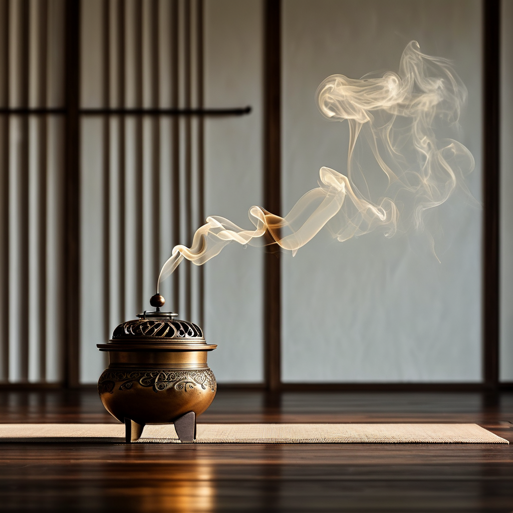 情绪调节：深色木地板上，一只敞开的古铜香炉，炉内余烬中几缕淡金色轻烟袅袅升起，烟迹在暗空间中柔和扭曲成一道弧线，背景是空无一物的素