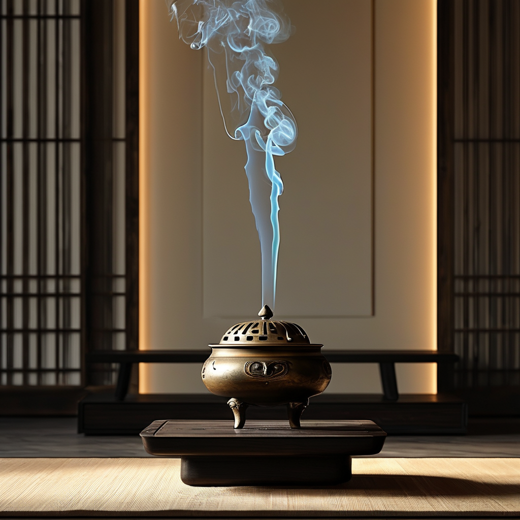 禅修：暗空间中央一张深色木质矮几，几上一只古朴的青铜香炉，一缕极细的青烟垂直上升至最高点后自然消散；背景大片留白，仅有一束微弱