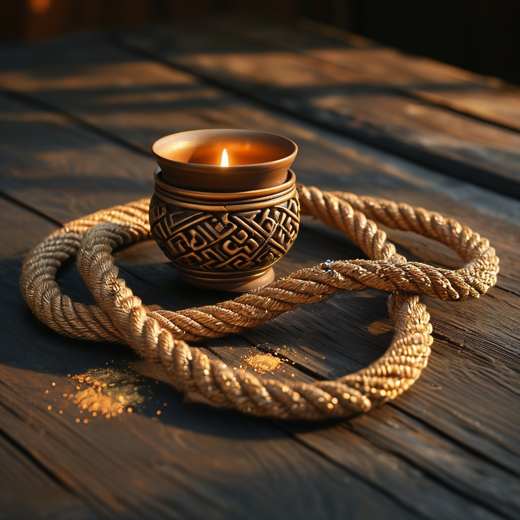 依恋理论：深色木质桌面上，一条由金线编织而成的细弱绳索从一只古朴的陶杯中延伸而出，绳索的另一端系在一盏未点燃的铜灯底座上；绳索中间