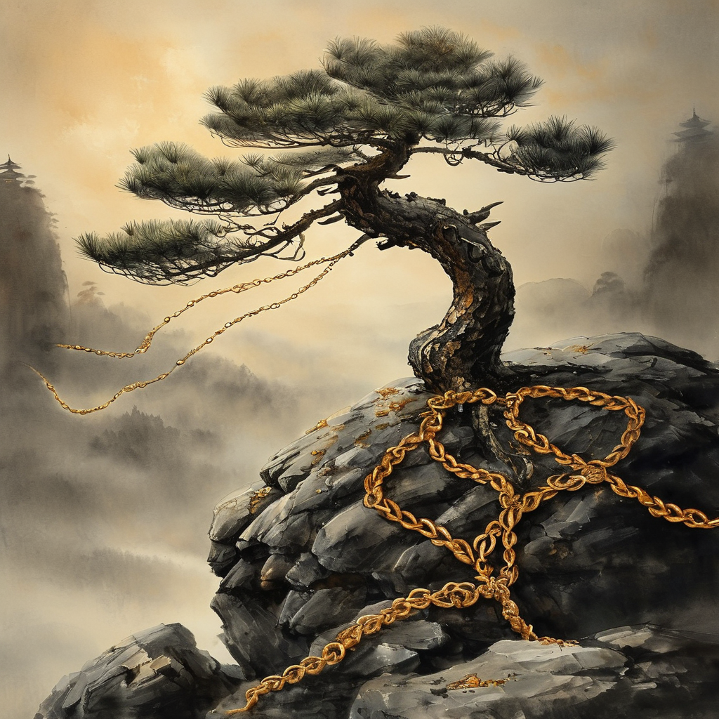 执着：一株根系深深嵌入石缝的古松，枝干在夜风中微微弯曲却纹丝不动，树根与岩石的交界处缠绕着几圈已锈蚀的金色细链