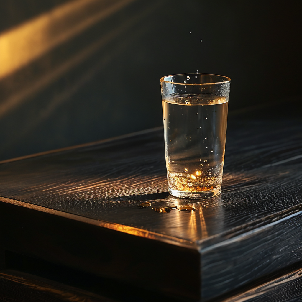 直觉：深色木桌边缘放着一只半满的清水玻璃杯，杯壁外侧凝结一颗欲坠未坠的水珠，一缕极细的金色光从画面左上角斜照在水珠上，其余空间