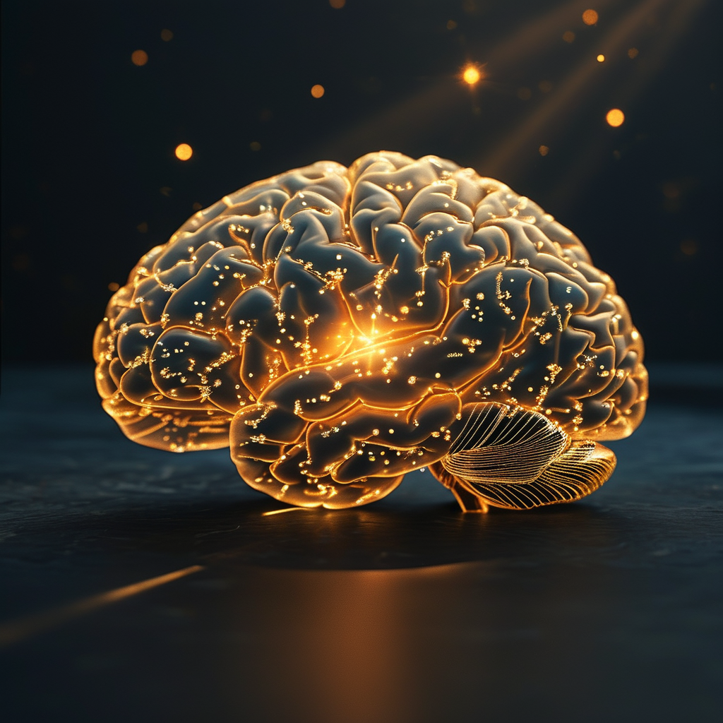 fMRI：深色桌面上，一张半透明的脑地形图平铺展开，金色细线勾勒出脑沟回的轮廓，几处亮点如星点般在特定区域闪烁，一束极窄的暖光从侧