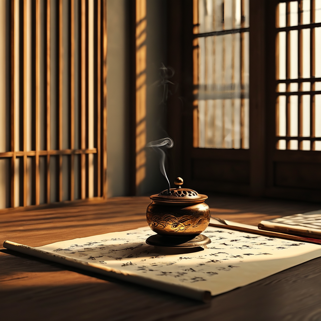 东方智慧：深夜书房，一尊未点燃的铜香炉静立，旁边摊开半卷泛黄宣纸，纸上墨迹留白处隐约透出山水纹理，一缕从窗外渗入的月光斜照炉身，金