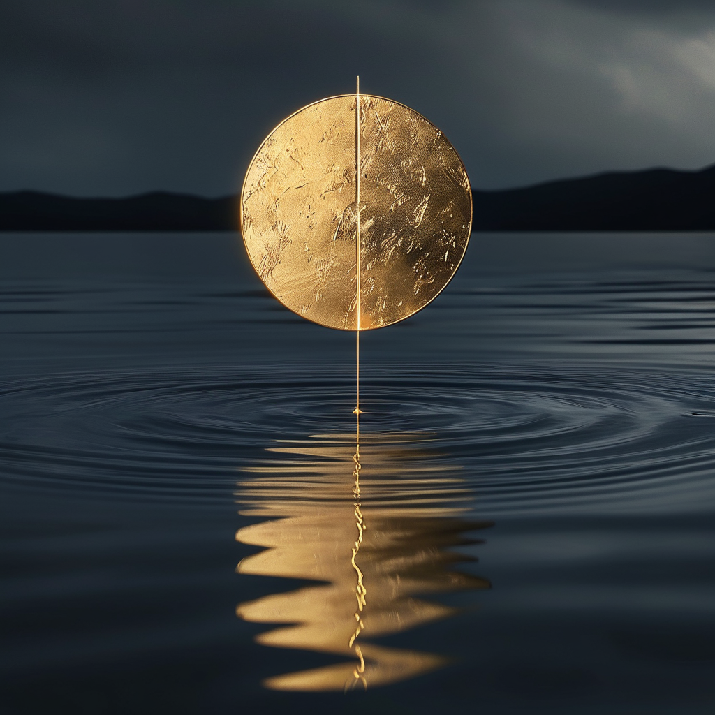 存在：一片深色水面，中央悬浮一枚极薄的金色圆盘，圆盘表面没有任何纹饰或反光，只有一道极细的金线从圆盘边缘垂直垂下，没入水中，水