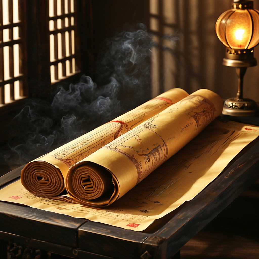 黄帝内经：深色木案上，一束旧黄卷轴半展开，露出细密的朱砂线描人体经络图与星宿对应标注，旁侧一盏铜灯投下金色暖光，卷轴边缘的竹简纹理