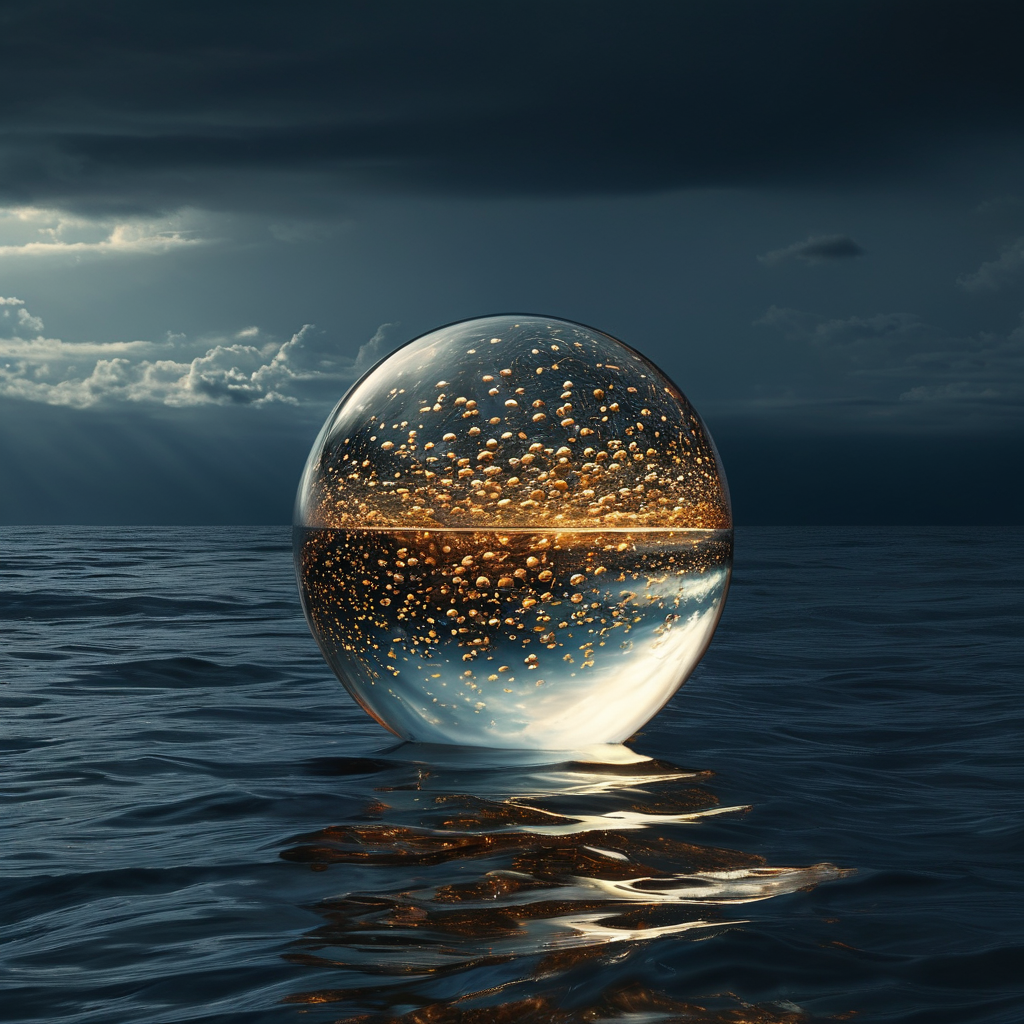 阿赖耶识：一片深沉的墨色海面，水波几不可见；海中央悬浮一枚半透明的水晶球，球内无数微细的金色种子如星尘般悬浮，一束极细的暖金光线从