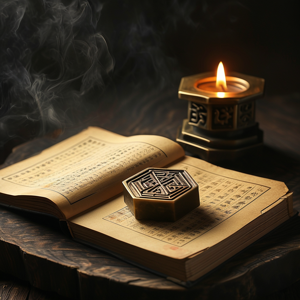 易经：暗色木案上摊开一册泛黄的线装书，书页中央一枚青铜质的六角形卦象印章，印章边缘被一缕极窄的金色烛光照亮，其余空间沉入深邃的