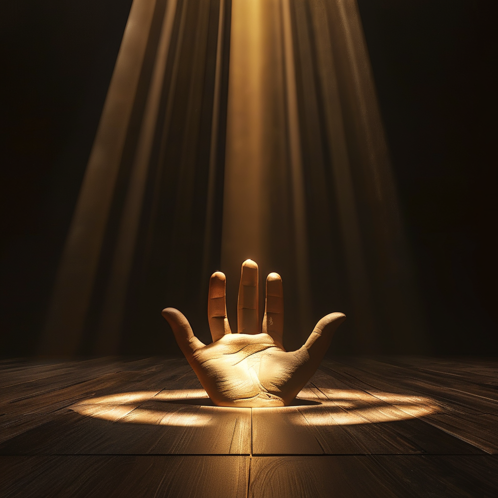 本体感觉：深色木质地板上，一缕金色光线从高处斜射，照亮一只摊开的掌心朝上的手影（剪影），手影周围的地板纹理隐约勾勒出人体轮廓的浅痕