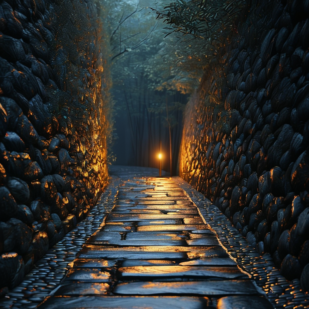 神经通路：一条由深色石板铺成的窄路，路面上布满了细密的金色纹路，像被反复行走而磨出的沟壑；路旁是浓重的暗影，只有远处一盏微弱的金色