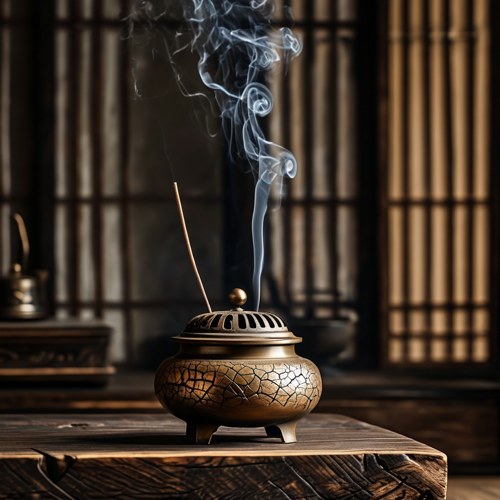 中观：深色木案上，一只老旧的青铜香炉静立，炉身布满细密裂纹，一缕细直的香烟从炉中升起，在暗室中缓缓消散于虚空中，无痕无迹