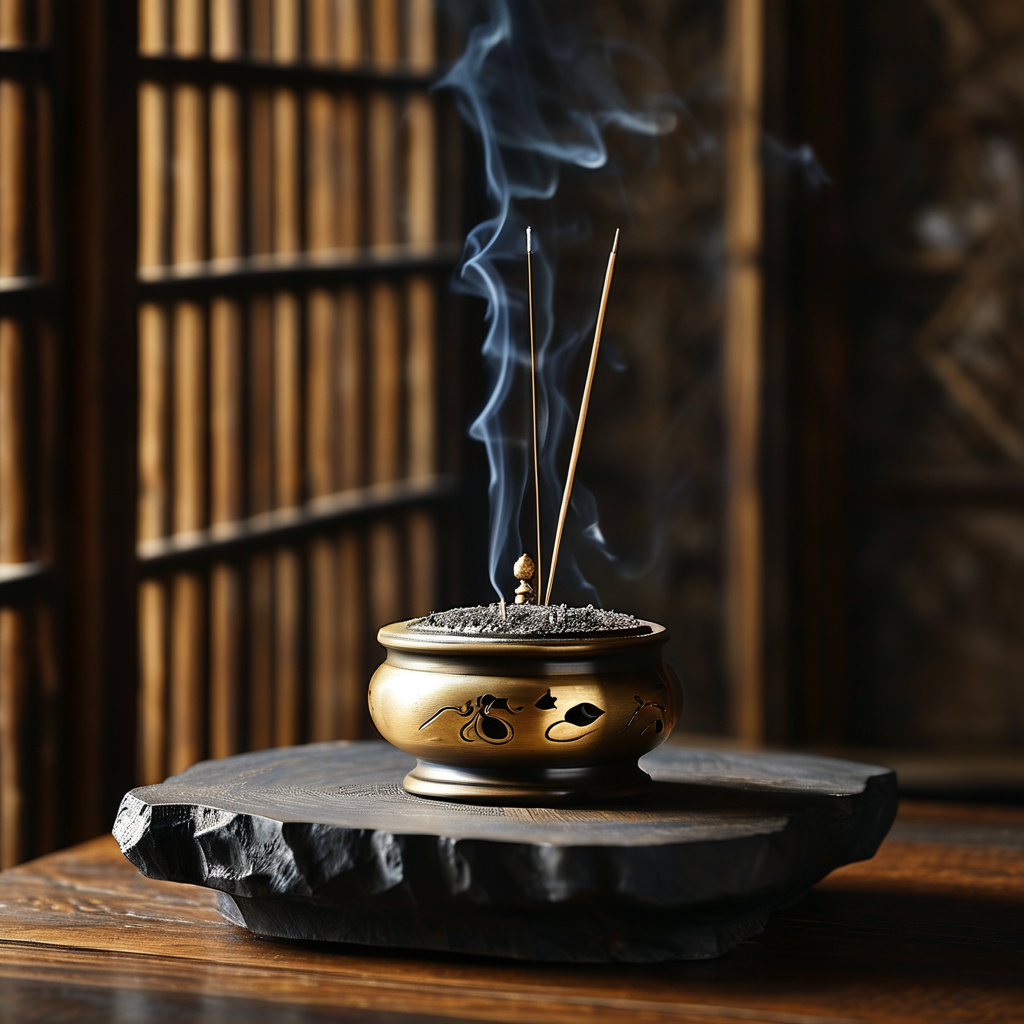 皮质醇：一只青铜香炉静置于深色木案上，香灰表面被金色光束打出一道细痕，灰烬中一枚银针竖立，微微反光
