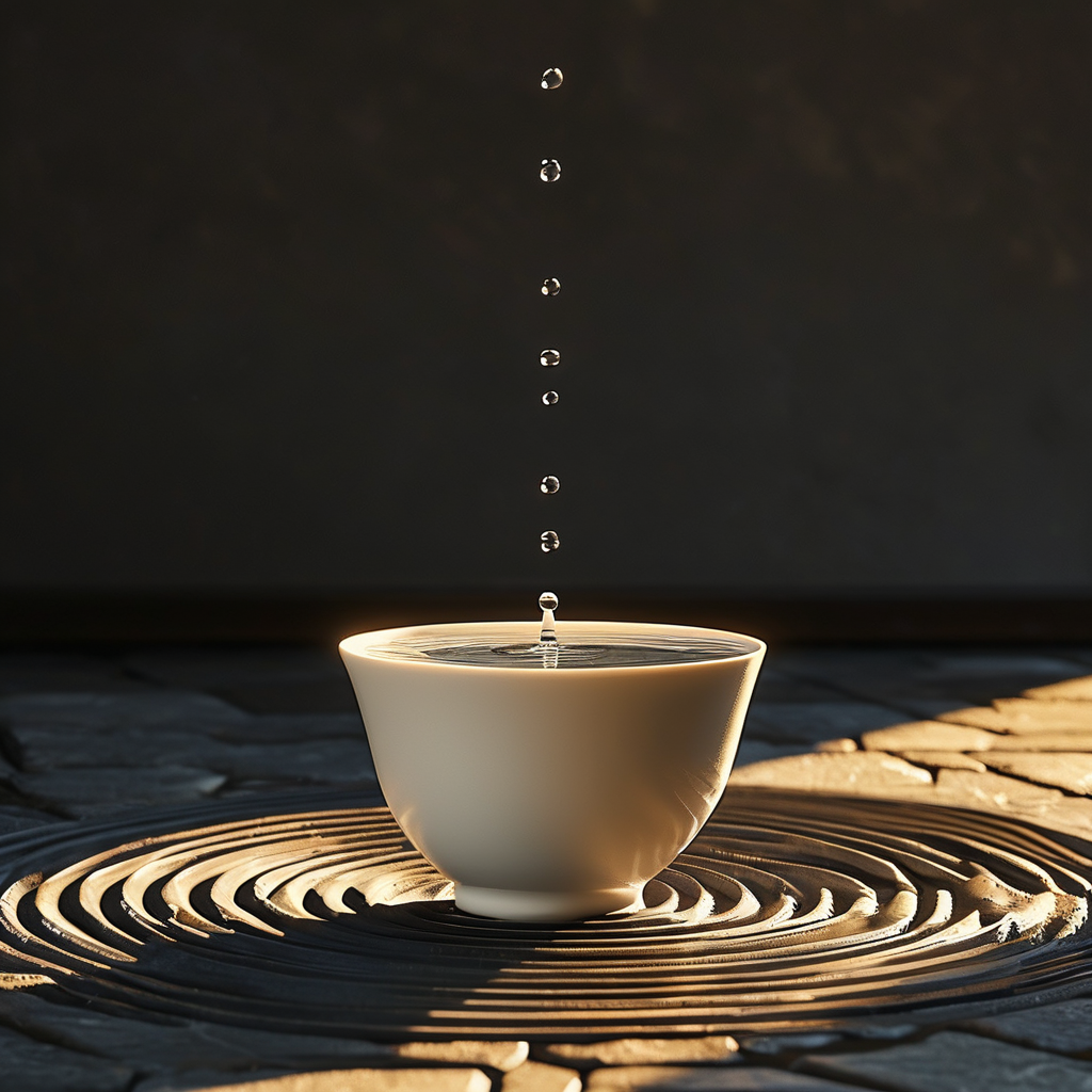 体验性：暗色石质地板上，一只素白陶杯盛着半杯清水，水面因极轻微的震动泛开一圈细密涟漪，一束极淡的金色侧光从斜上方照来，照亮水面和