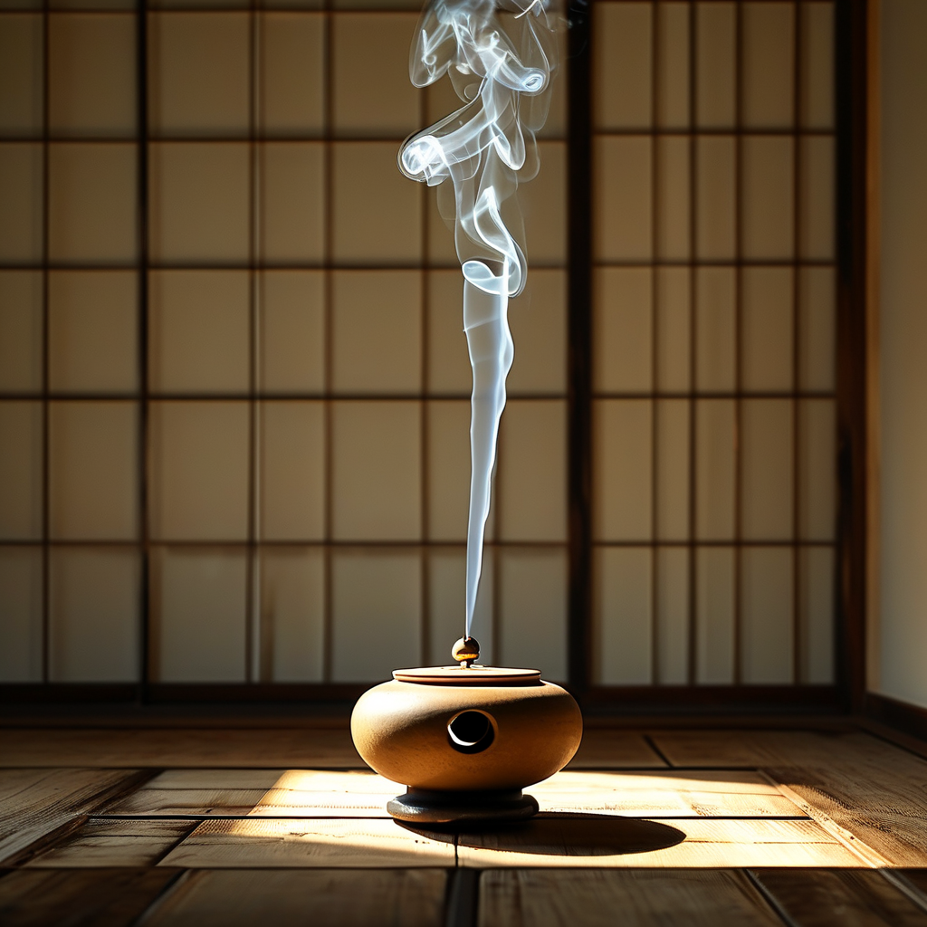观想：一间幽暗的和室，中央一方旧木地板上放着一只素陶香炉，一缕极细的香烟笔直上升，在金色侧光中化为一个隐约的几何光形——如同一
