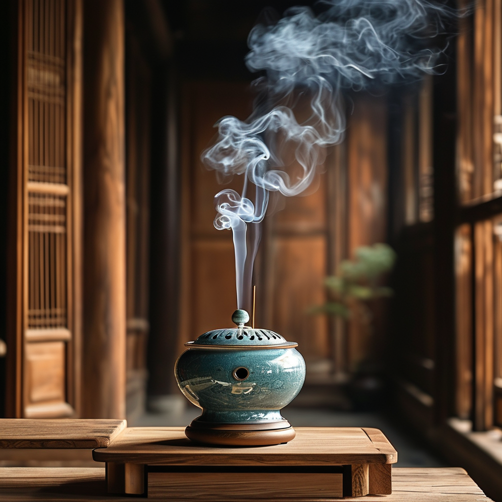天台宗：一座古旧木构佛殿的幽暗角落，一只青瓷香炉静置于素朴木案上，炉中一缕细烟垂直升起，在暗色背景中渐散为不可见的虚空，案面浮尘