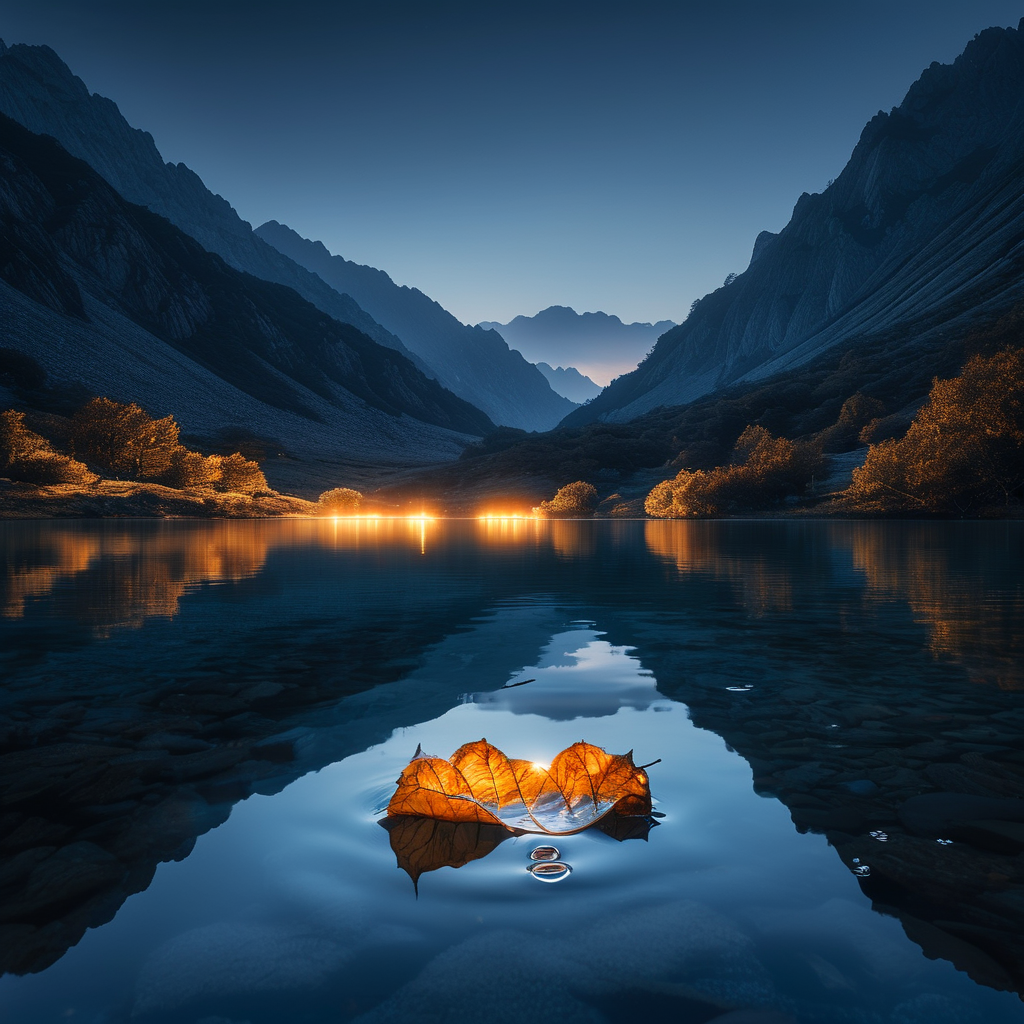 灵性涌现：深夜的山谷中，一汪静水潭面上漂浮着一片枯叶，水面下隐约透出金色光晕，光从深处缓缓上涌，气泡般的光点即将破出水面，周围是墨