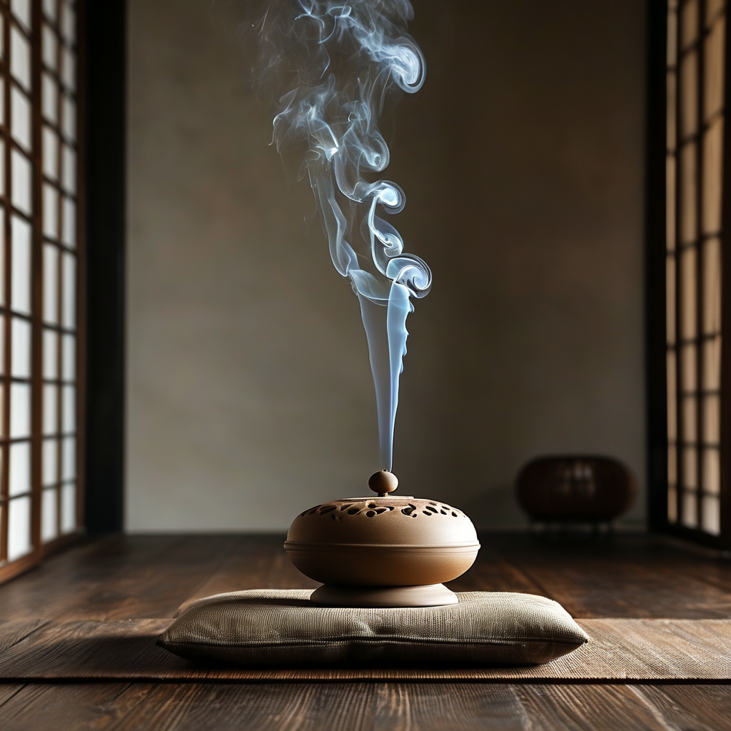 观呼吸：深色木地板上，一只素陶香炉静置中央，一缕青烟笔直上升，在暗调空间里渐散为无形，一侧放着一只折叠的亚麻坐垫