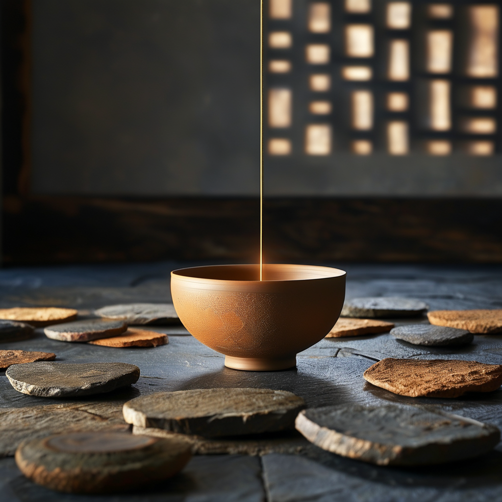 内在整合：一束极细的金线从暗色房间的天窗垂下，缓缓穿梭于散落在石板地上的几块粗糙陶片之间，将它们逐一缝合成一只完整的碗——碗内有一