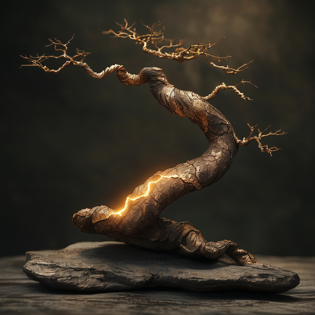 痛苦：一截扭曲却完整的古铜色树根，被深色泥土半埋，根须中嵌着一道细如发丝的金色裂纹，裂纹中透出温暖微光，背景是无尽黑暗