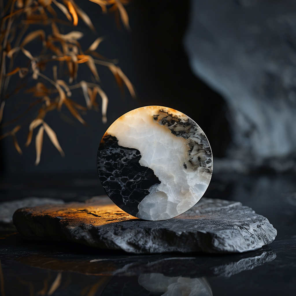 阴阳平衡：一束极细的金光从画面右上角斜射入深色空间，照亮一座由两枚半圆黑白玉石拼成的完整圆盘，圆盘静置于粗糙的黑色岩面上，周围大面