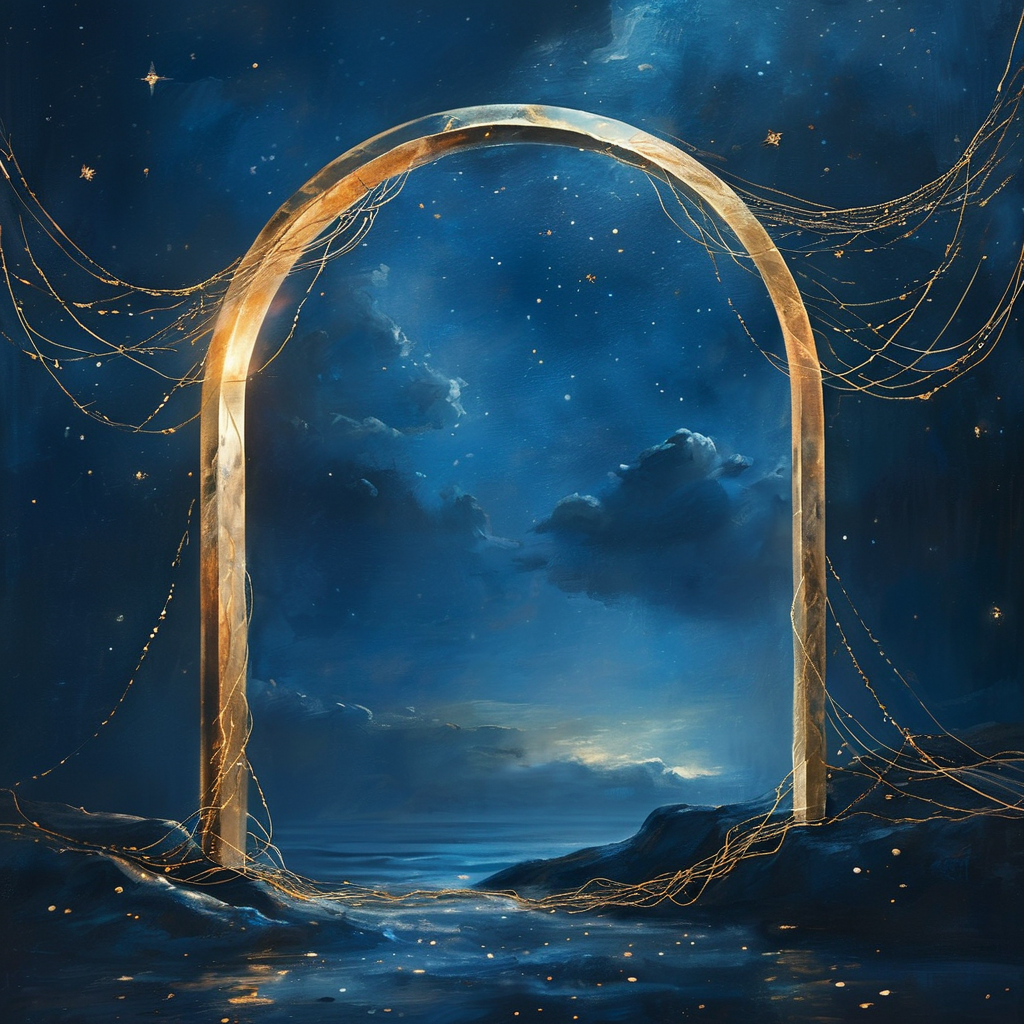梦境：深蓝夜空中悬浮着一扇半透明的金色拱门，门缝中透出柔和的暖光，门框边缘缠绕着细如蛛丝的金线，延伸向无尽的黑暗，远处有微弱的