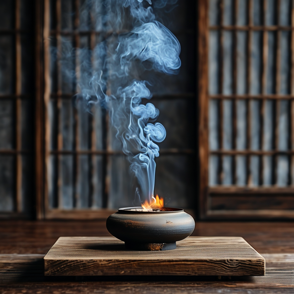 内丹术：深色空间中一张古旧木案，案上置一只无纹素陶炉，炉内暗红炭火中透出细微金焰，一缕极淡青烟笔直升入上方大面积的虚空