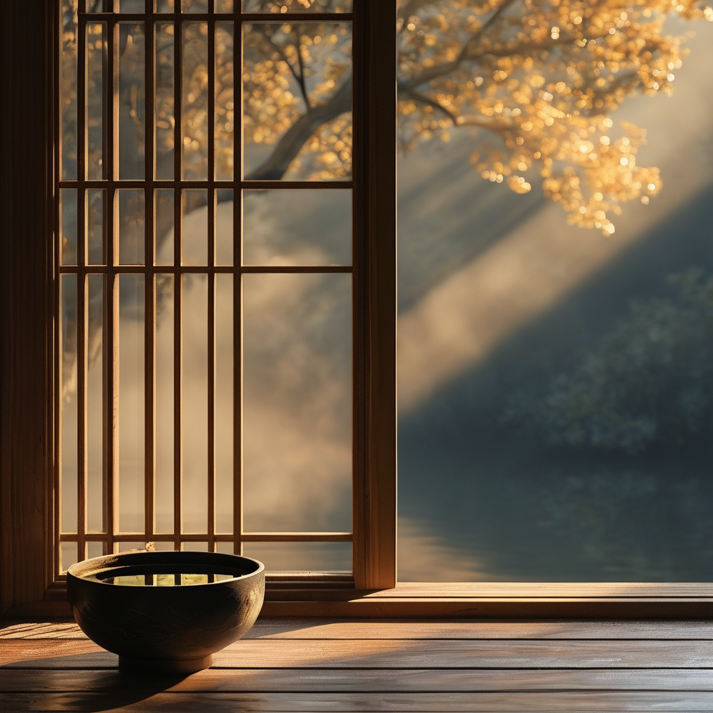 人本主义：一扇开阔的木质窗扉半掩，窗外是晨雾中朦胧的树冠，窗台上放着一只盛满清水的朴素陶碗，碗中倒映着微弱的金色天光
