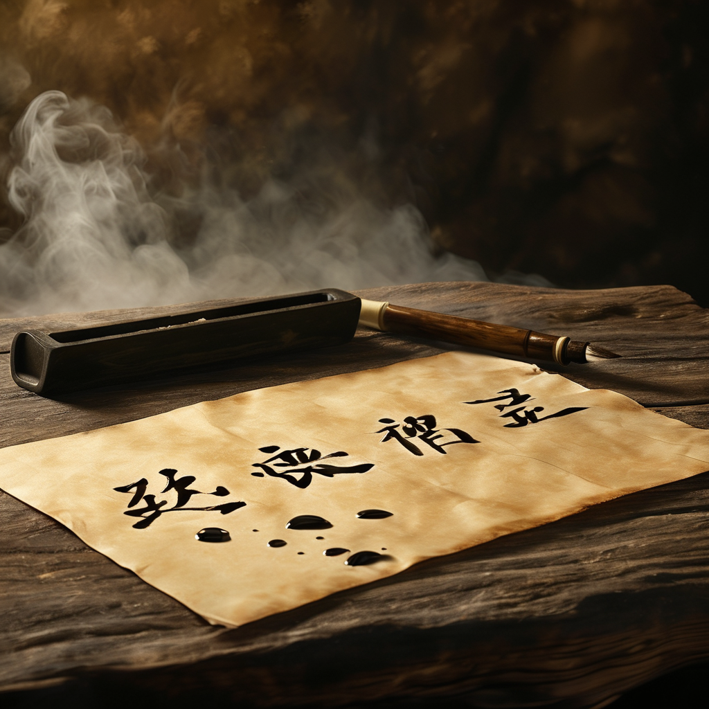 王阳明：一张深色书案上摊开泛黄的宣纸，墨迹未干的‘致良知’三字隐约可见，旁边静置一方古砚与一支狼毫笔，笔尖墨滴将落未落，一束暖金