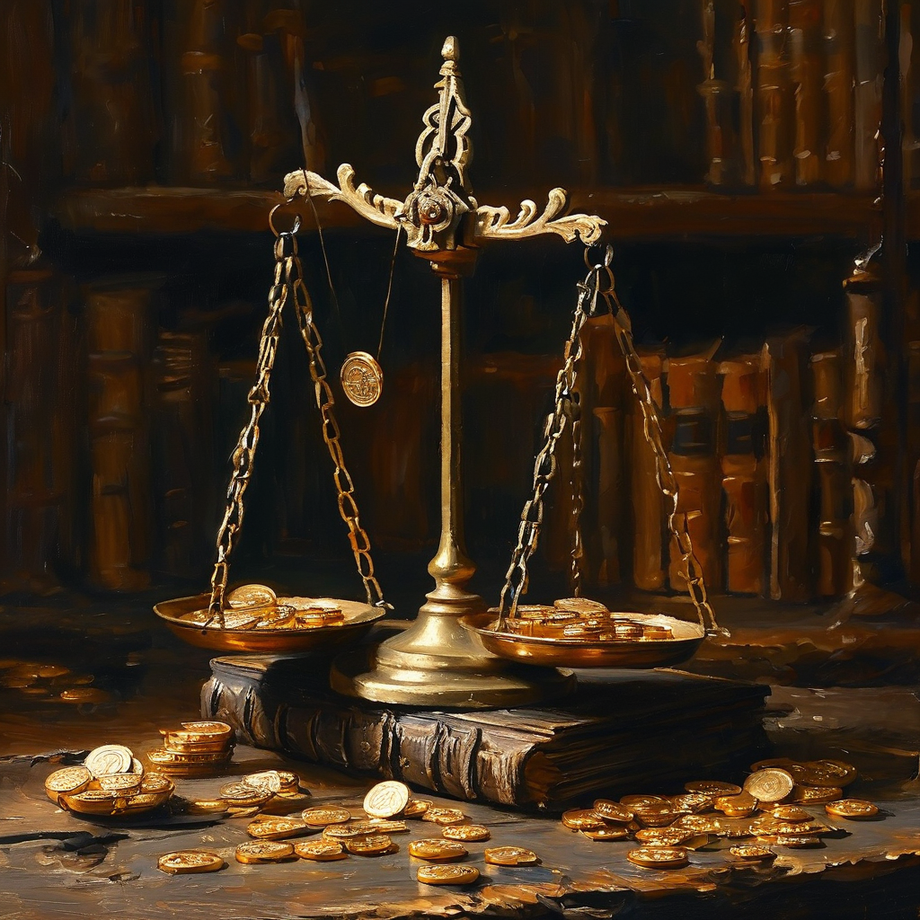 行为经济学：一张深木色旧书桌上，散落着几枚不对称的金色砝码和一盏倾斜的铜制天平，左盘略沉，边缘垂下一根细如发丝的金线，末端系着一枚银