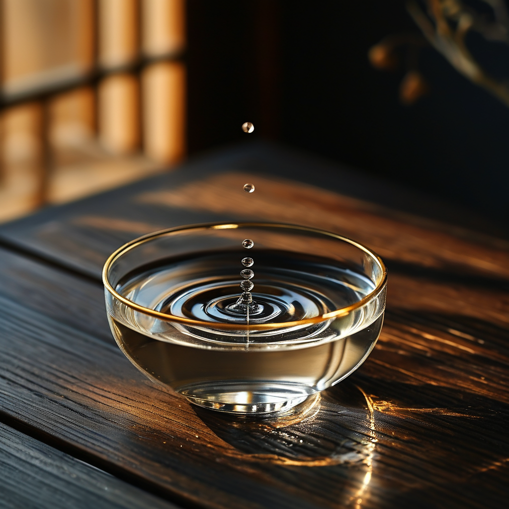 共情能力：深色木质桌面上，一只盛满清水的透明玻璃碗，水面因另一只碗中滴落的水珠泛起细微同心圆涟漪，而碗沿边缘的金色细线纹路始终清晰