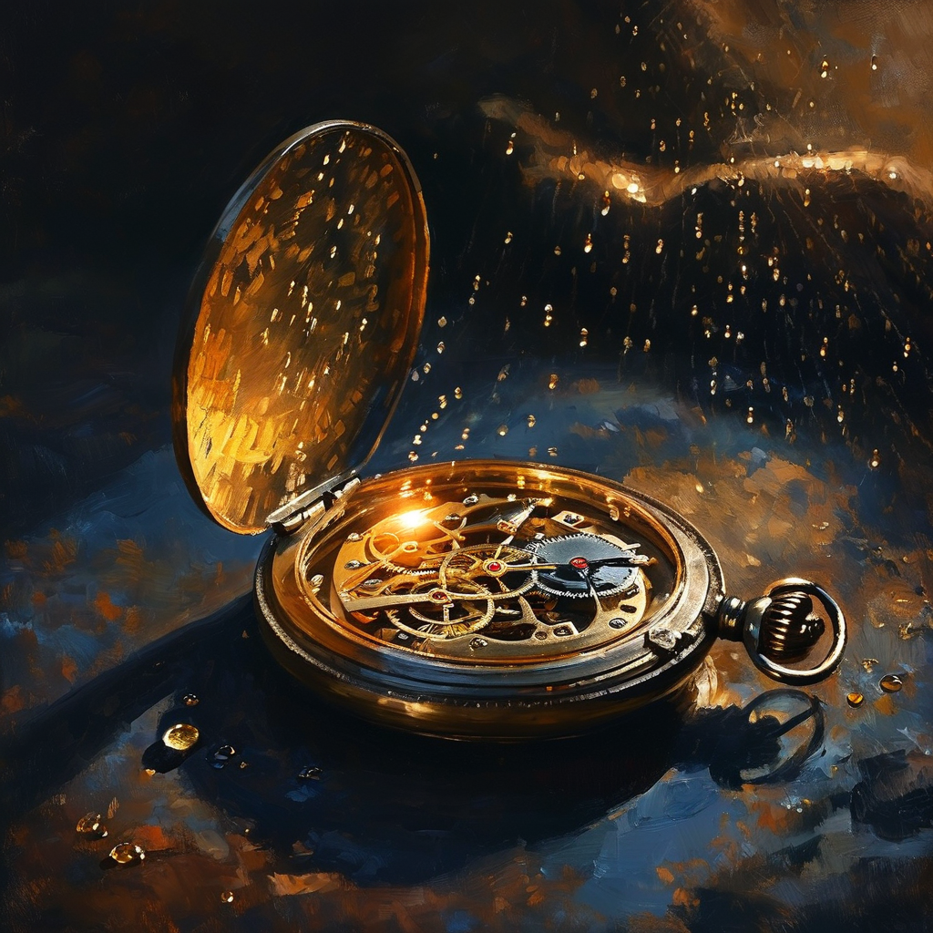 心理动力学：深色书桌上一只打开的铜质老式怀表，表盘内齿轮精密交错，一缕金色光线从表盖缝隙斜射入，照亮交错齿轮间的微小水珠，背景是深邃