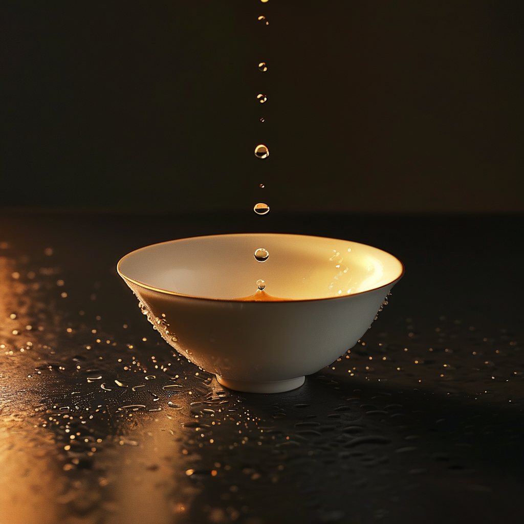 喜悦：一束极细的金色光线从画面左上角斜射入暗室，落在一只素白瓷碗边缘的水珠上，水珠折射出微弱暖光，碗内空无一物，周围是大片深色
