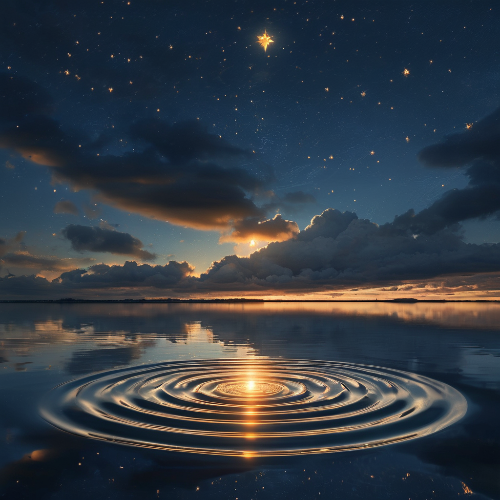 一体意识：深色水面如镜，倒映着夜空中唯一一颗金色星辰；星辰与水中的倒影在中心处恰好触碰，泛起极细的同心圆涟漪