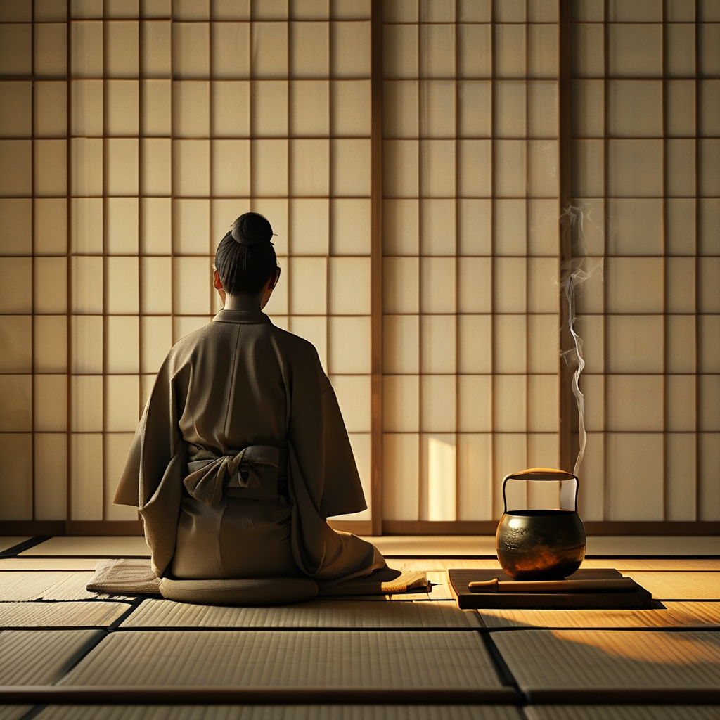 身心对话：一间幽暗的和室中，一个模糊的人影背对画面跪坐在榻榻米上，前方一张矮几上摆放着一只古老的铜钵与一支木槌，一缕极淡的轻烟从钵