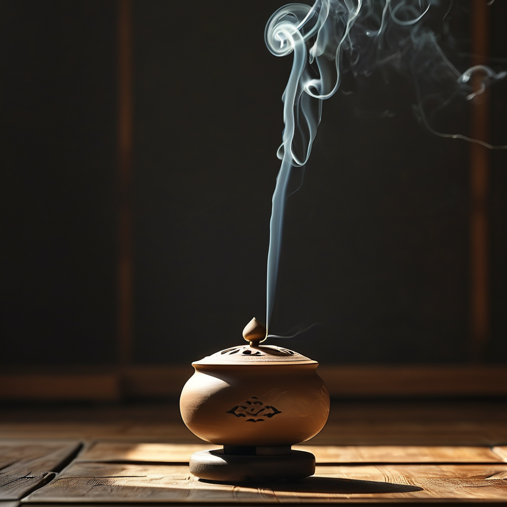 内观禅修：一间幽暗的静坐室中央，一方古旧木地板上放置着一只素陶香炉，一缕极细的香烟笔直升起，在空气中缓缓弥散，周围是空旷的暗影