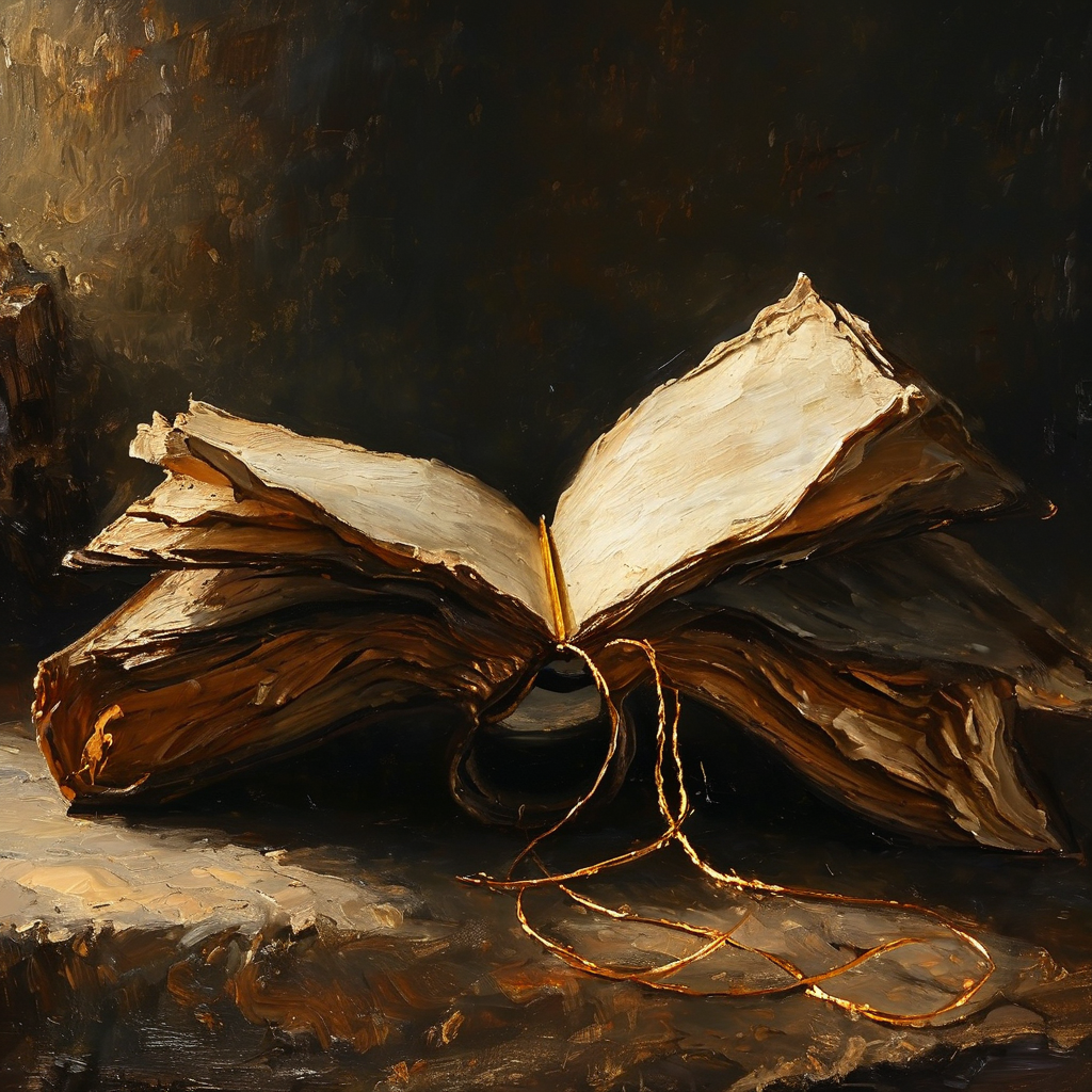 叙事自我：深色书房中一本翻开的旧书，书页间夹着一根金色丝线，丝线从书脊蜿蜒而出，在桌面投下柔光，周围空无一物