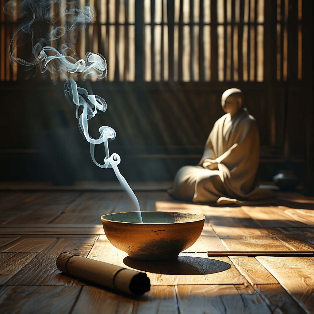 气功：一间暗室中，一束极淡的金色晨光斜照在木质地板上的粗陶碗与一缕细烟上，碗边放着一卷旧竹简与一枚青石，远处一个穿着素衣的人形