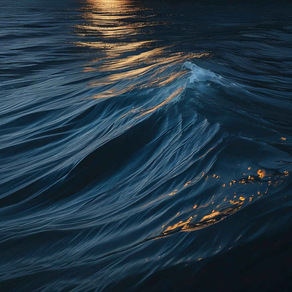 情绪浪潮：深色海面上一道孤立的暗涌波纹，月光下浪脊泛起一线银白，周围是无边无际的留黑水面