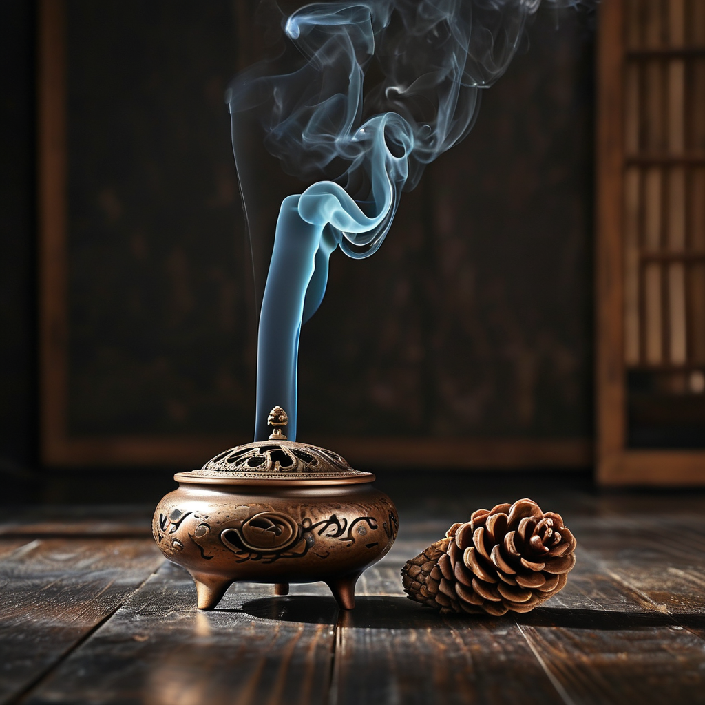 性命双修：深色木质地板上，一只古朴的铜香炉正升起一缕极细的青烟，烟柱笔直如丝线，在幽暗中融入虚空；香炉旁静卧着一枚半开的松果，壳瓣