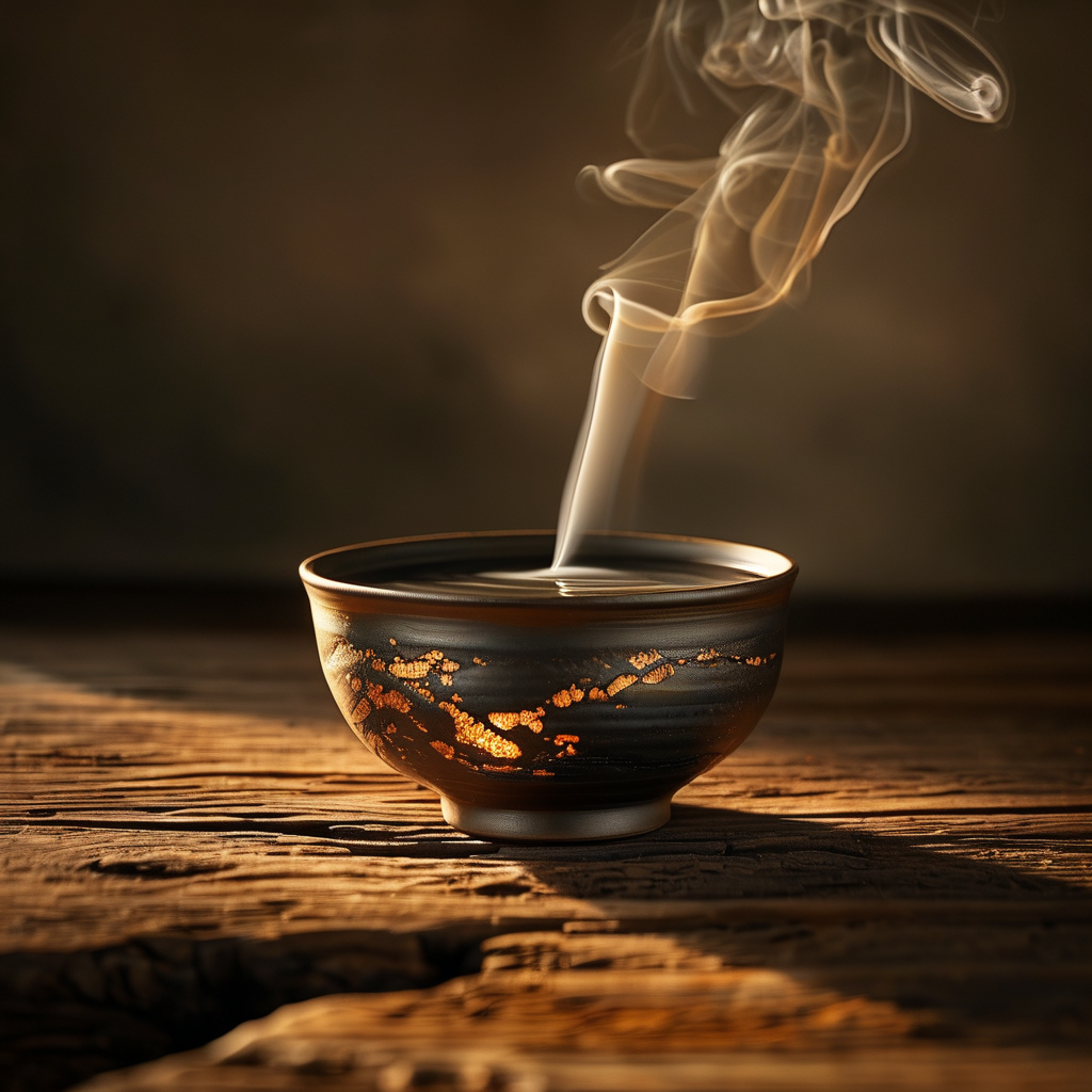 情绪疗愈：一束金色暖光从深色老木桌的裂缝中透出，照亮一只敞口陶碗，碗中盛着半满的清水，水面映出一缕细烟缓缓上升，周围是暗调留白