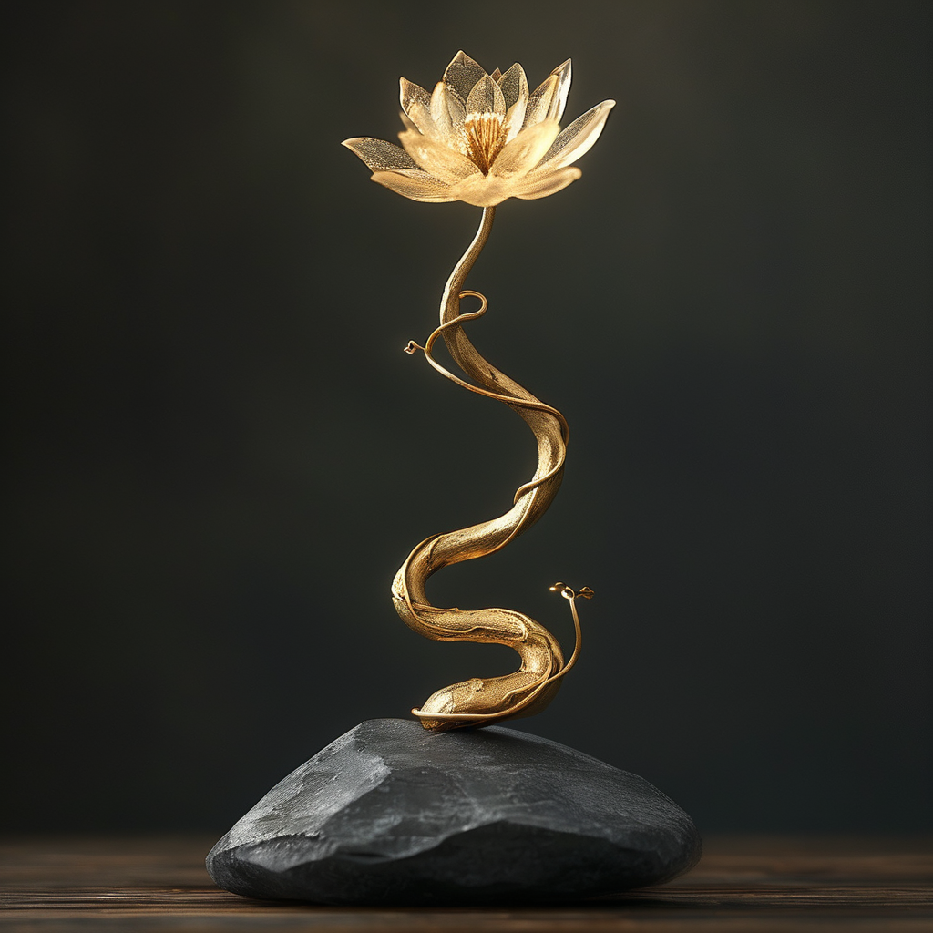 昆达里尼：一根细长的金色藤蔓从暗色基座（象征脊柱底端）蜿蜒向上，缠绕着一根幽深的石柱，顶端绽开一朵半透明的金色花苞，周围是沉静的黑