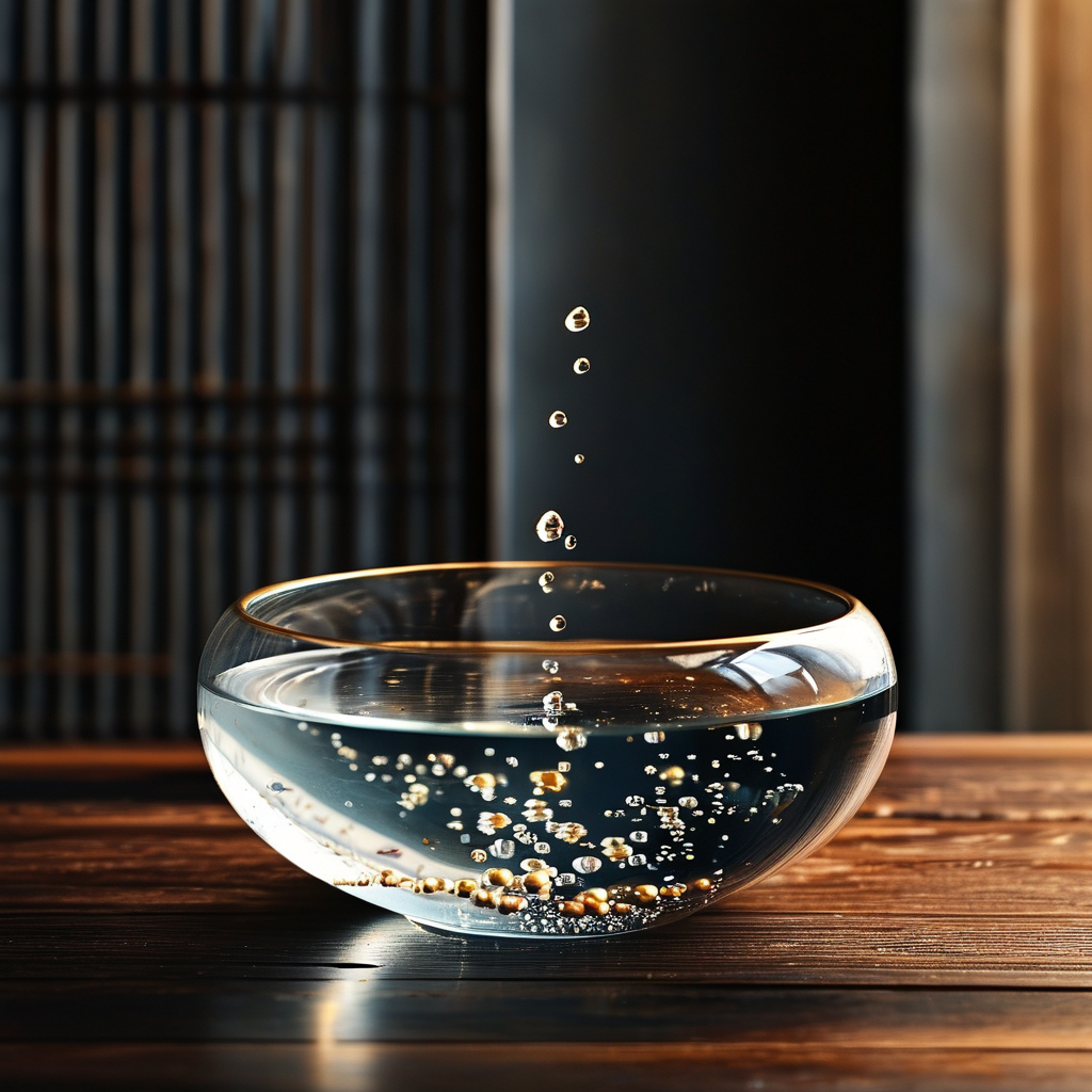 梵我合一：深色檀木桌面上，一枚半透明的玻璃圆盏盛满清水，水中悬浮着一颗同样形态的圆润银珠，二者轮廓完全重叠，水面无波，仅一道极细的