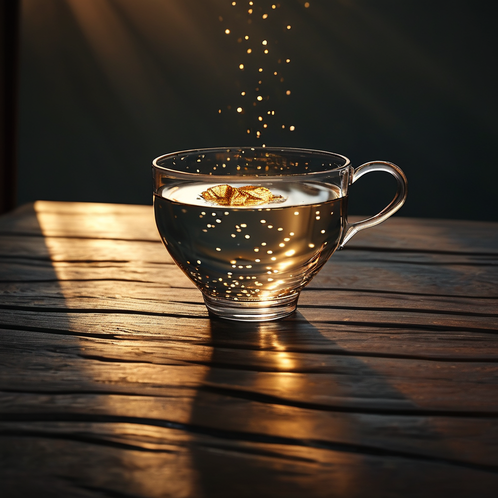 情绪状态：深色木桌上一个半满的透明玻璃杯，杯中静水表面漂浮着一片金箔，一束微光从上方斜照，水纹将金箔折射成细碎光点投射在桌面