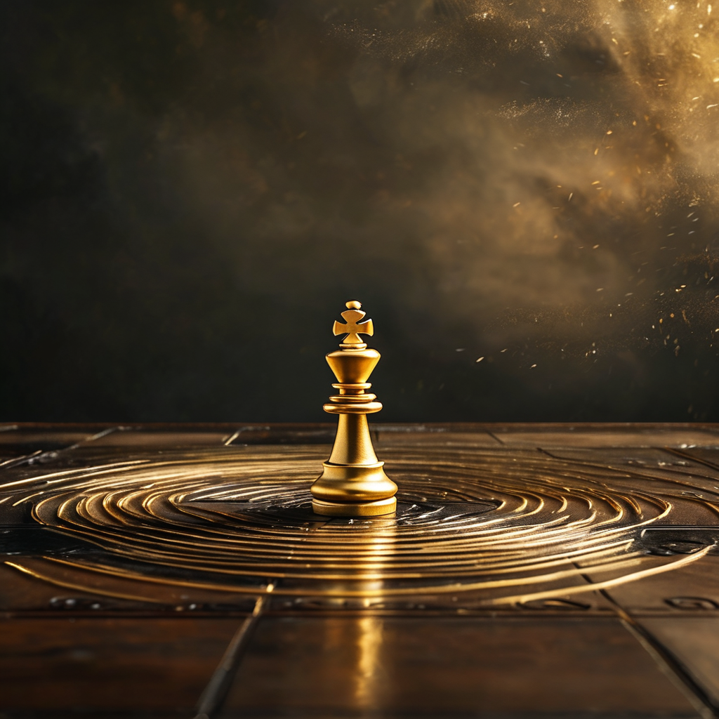 非线性：深色桌面上，一枚金色棋子从棋盘边缘滑落，触地瞬间激起一圈圈涟漪般扩散的金线波纹，背景是暗调虚空